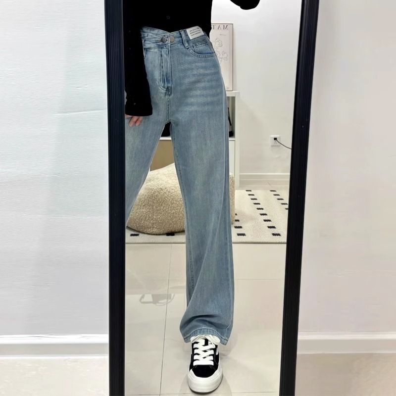Irregular high-waisted straight-leg jeans for plus-size women with fat mm, slim pear-shaped figure, thick legs and wide hips