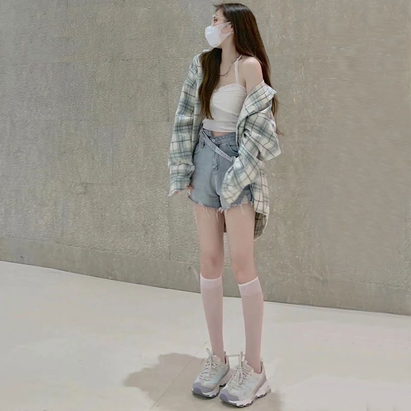 Hong Kong style retro all-match plaid shirts for women spring Korean style loose bf casual long-sleeved tops trendy