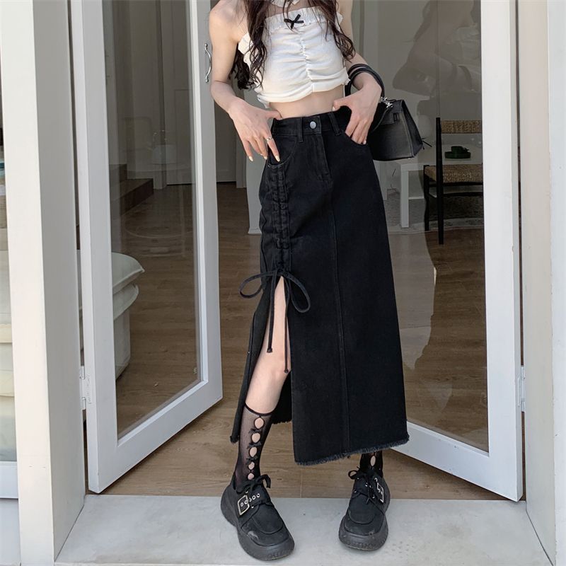 Hong Kong style denim skirt for women plus size fat mm high waist mid-length small slit A-line skirt