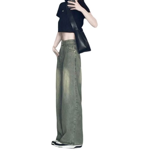 American retro wide-leg jeans for women, spring and autumn green design niche oversize straight high street pants