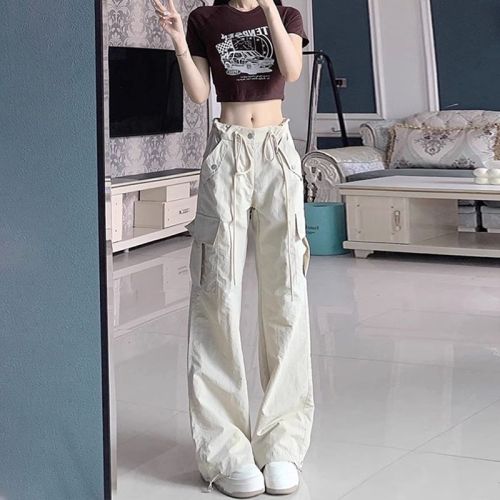 American style work pants for women, new thin sports casual pants, high waist wide leg drawstring trousers for small people