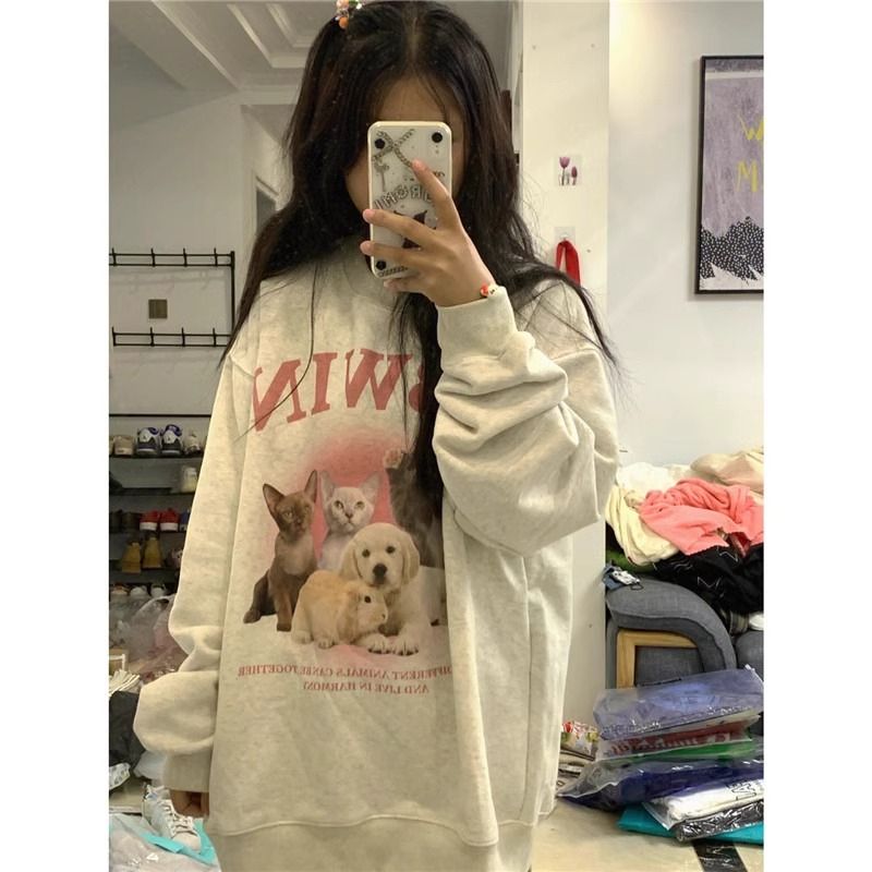 CVC cotton pasta wool Chinese cotton composite/milk silk 300g silver fox velvet 400g front printed round neck sweatshirt for women