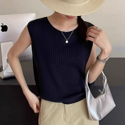 French knitted vest for women, thin summer outer wear with suspenders, loose waistcoat, hollow back sleeveless top