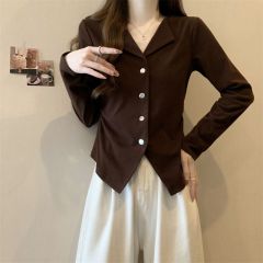 Plus size women's autumn new solid color brushed thickened design long-sleeved tops