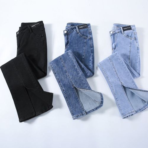 High-waisted slit micro-flare jeans for women 2024 spring and autumn slim and tall straight-leg loose floor-length pants