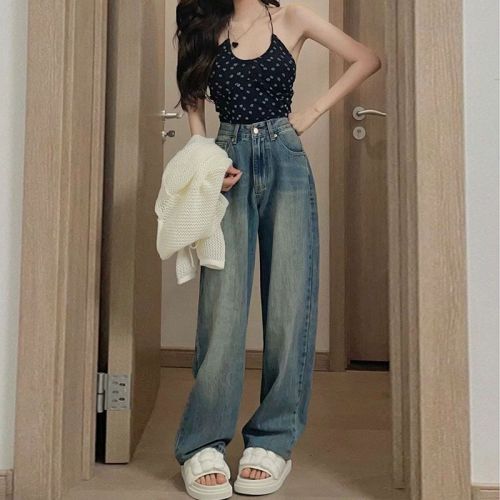 American High Street Straight Jeans Women's New Washed Retro Loose High Waisted Wide Leg Pants