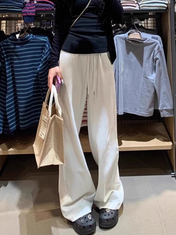 White sports casual pants for women, summer thin, high-waisted, slimming, pear-shaped body, drapey wide-leg pants