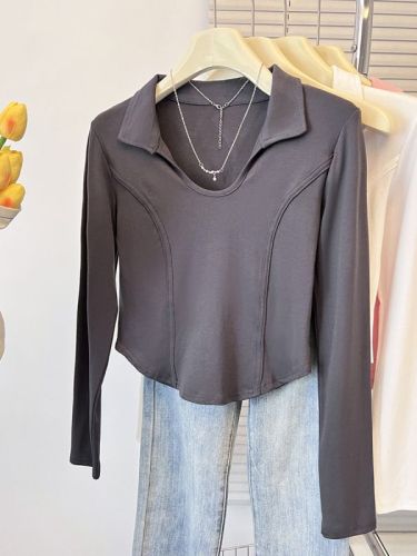 Polo collar long-sleeved bottoming shirt for women in summer with U-neck tight short T-shirt high-waist hot girl right shoulder fishbone top