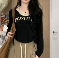 Large size fat mm long-sleeved loose retro fake two-piece long-sleeved T-shirt women's printed drawstring top women's bottoming shirt