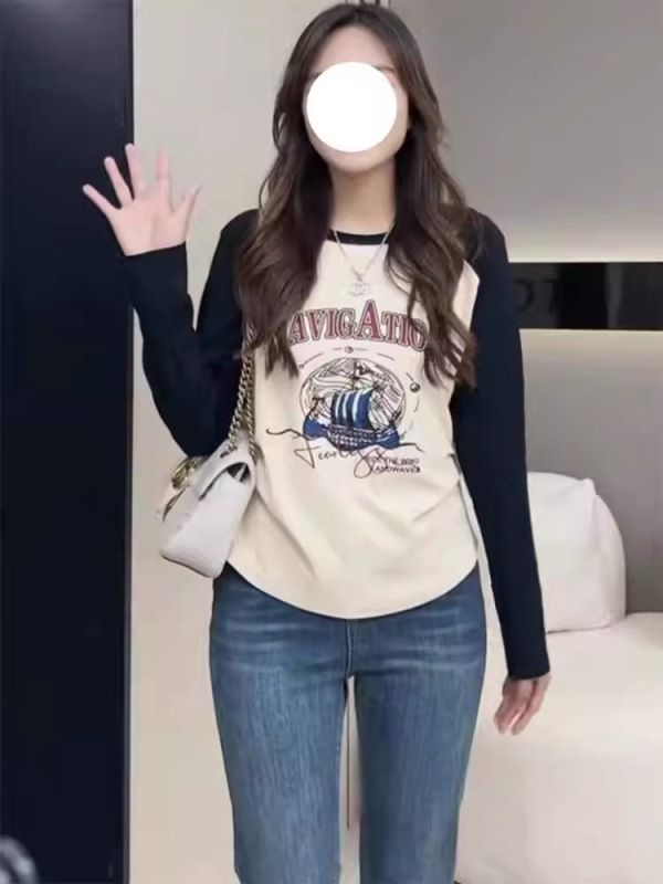 Large size American retro contrasting raglan sleeve women's autumn clothing new thickened short pullover round neck loose long-sleeved sweatshirt