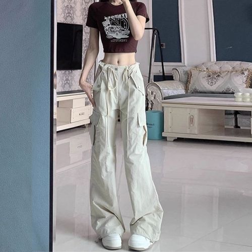 American style work pants for women, new thin sports casual pants, high waist wide leg drawstring trousers for small people