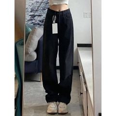 Large size fat mm black high-waisted jeans for women in spring and autumn Korean style loose slimming pear-shaped body straight wide-leg pants