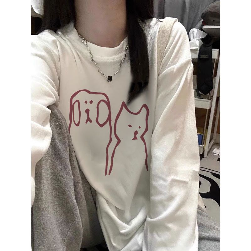Pure cotton long-sleeved T-shirt women's new autumn and winter solid color loose bottoming shirt printed round neck top