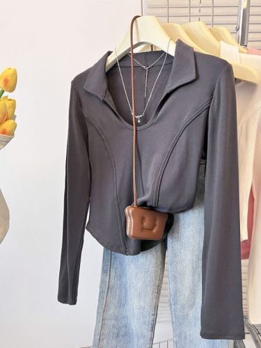 Polo collar long-sleeved bottoming shirt for women in summer with U-neck tight short T-shirt high-waist hot girl right shoulder fishbone top