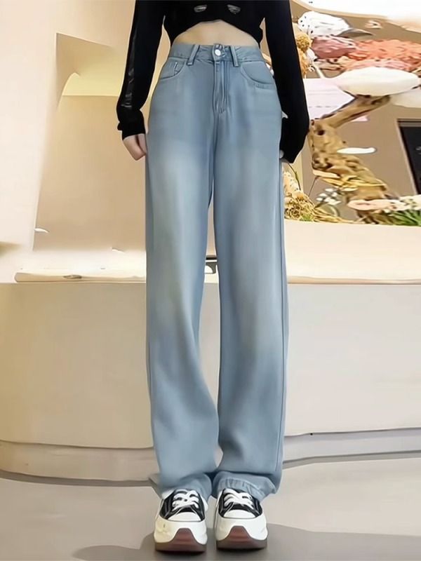 Tencel high-waist straight jeans plus size women with pear-shaped figure, ice silk wide-leg pants, slimming style