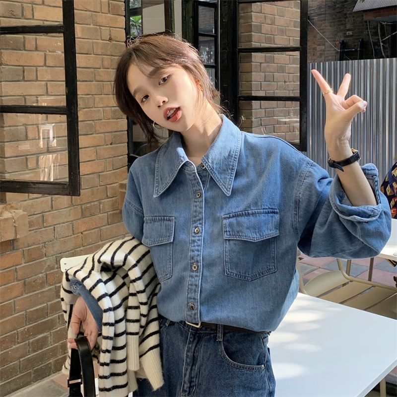 Spring versatile loose retro classic lapel bottoming denim shirt for women