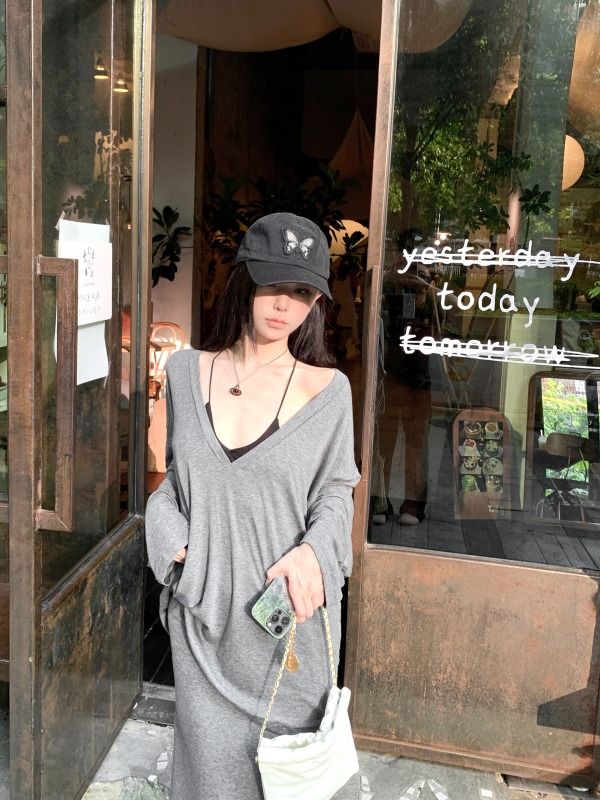 Loose V-neck long-sleeved T-shirt sun protection cover-up two-piece suit pure lustful waist sexy belt dress for women
