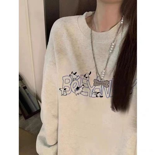 Thin Chinese cotton milk silk plus velvet Chinese cotton silver fox velvet round neck printed sweatshirt for female couple Douyin quality