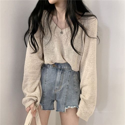 V-neck sweater top women's design niche early autumn new loose lazy style long-sleeved sweater