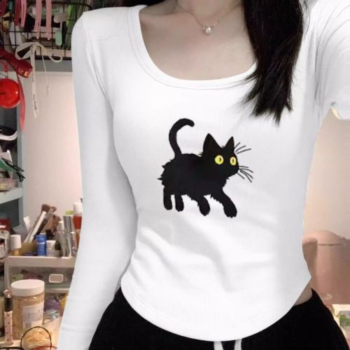 Brushed German velvet kitten printed long-sleeved T-shirt for women in autumn and winter, slim and slim, thickened and warm, base layer top