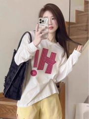Pure cotton personalized printed long-sleeved T-shirt for women, white contrasting color, simple inner layer, high-end bottoming top