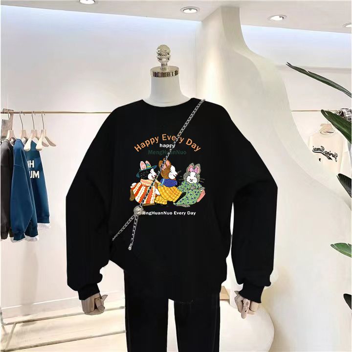400g silver fox velvet autumn and winter fun printed round neck sweatshirt