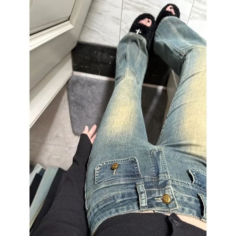 Large size American high street distressed bootcut jeans for women, design slim stretch slimming high waist casual pants