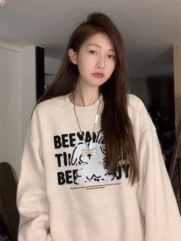 Official picture of Chinese cotton composite thin 310g/plus velvet 410g autumn and winter sweatshirt for women with print