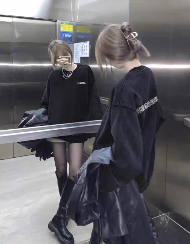Washed gray cotton American sweatshirt oversize niche high street fashion brand ins spring and autumn loose lazy top for women
