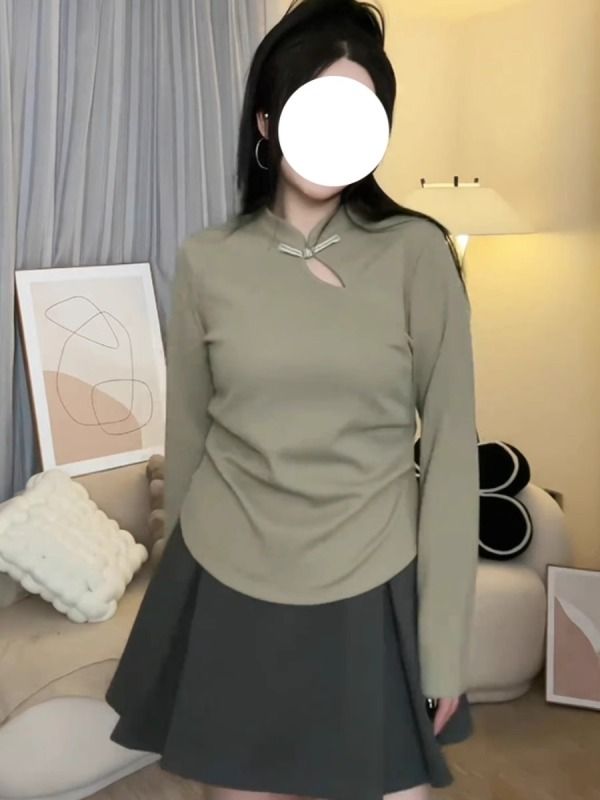 Plus size women's new Chinese style button top autumn and winter new thickened brushed red slimming bottoming shirt long sleeves