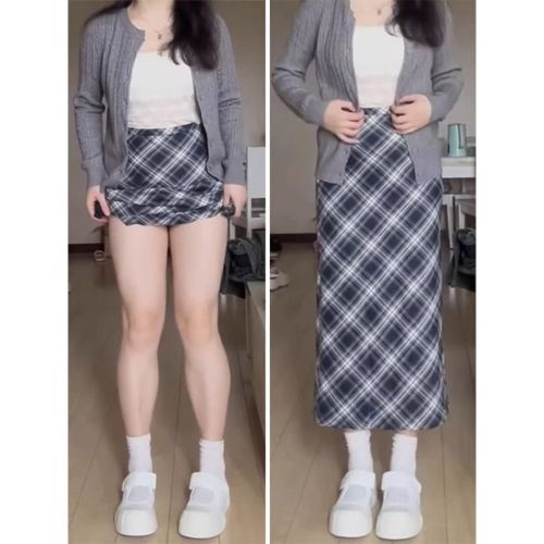 Large size fat high-waist slim plaid skirt for women with pear-shaped figure in autumn and winter A-line long skirt that covers the buttocks