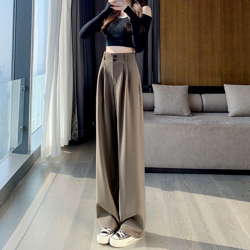 Wide-leg pants for women in spring and autumn, high-waisted, slim and drapey, pear-shaped body pants, straight-leg floor-length pants, double-button casual suit pants
