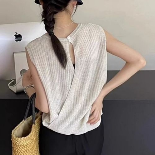 French knitted vest for women, thin summer outer wear with suspenders, loose waistcoat, hollow back sleeveless top