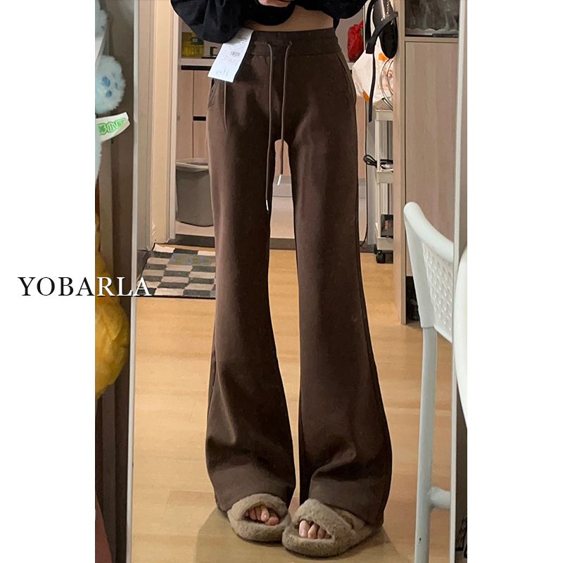 Brown casual boot-cut pants for women in winter plus velvet high waist large size fat mm pear-shaped body elastic slimming sports pants