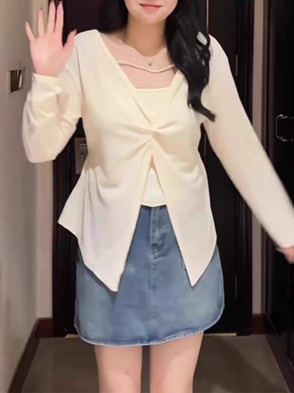 Large size lazy style long-sleeved T-shirt 2024 new fat mm design thin sun protection top two-piece suit