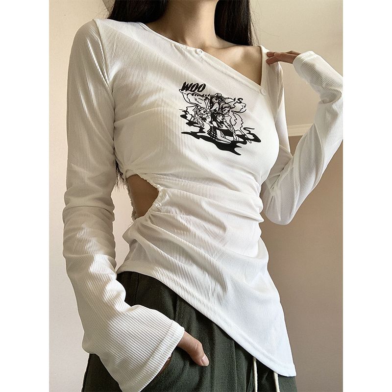 Pure lust style bm sweet and cool hot girl long-sleeved T-shirt women's spring and autumn slimming and chic hollow sexy short top