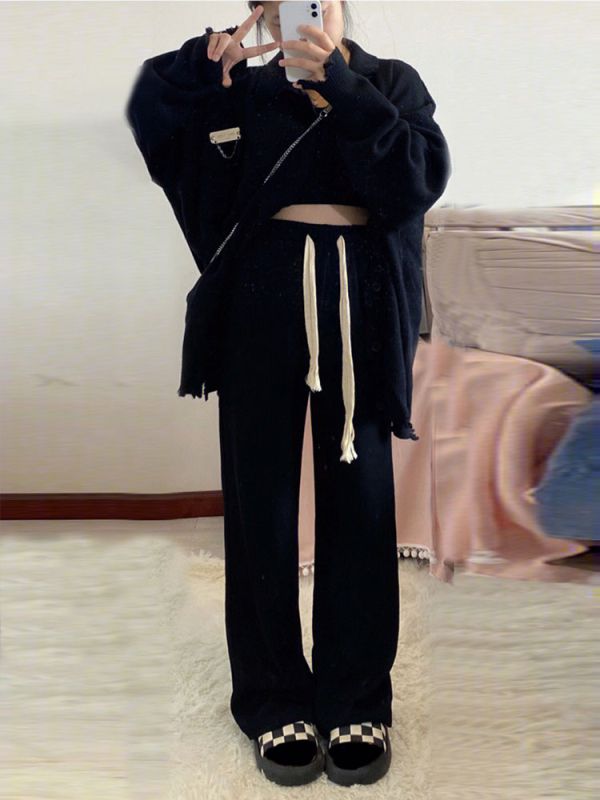 Black pear-shaped body casual pants for women, high-waisted, slim, small, plus size, fat mm, loose slimming straight pants