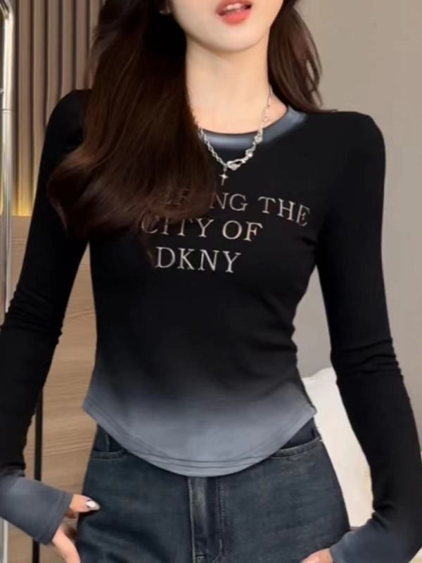 Large size brushed plus velvet thickened gradient letter long-sleeved bottoming shirt women's autumn and winter slim slim top