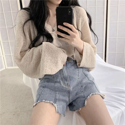 V-neck sweater top women's design niche early autumn new loose lazy style long-sleeved sweater