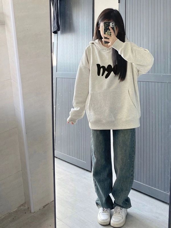 Niche design printed hooded sweatshirt for women in autumn and winter new Korean style floral gray loose and lazy style age-reducing jacket