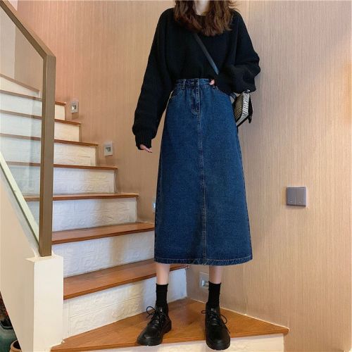 Skirt autumn plus size women's chubby sister mm cover the crotch slimming mid-length high waist denim skirt