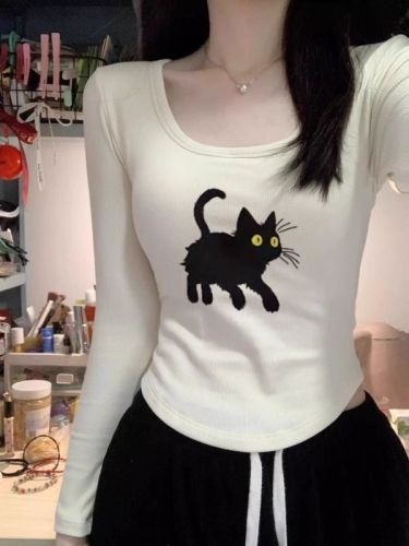 Brushed German velvet kitten printed long-sleeved T-shirt for women in autumn and winter, slim and slim, thickened and warm, base layer top