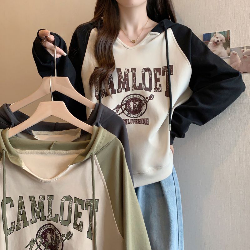 Large size raglan sleeve American retro print hooded long-sleeved sweatshirt