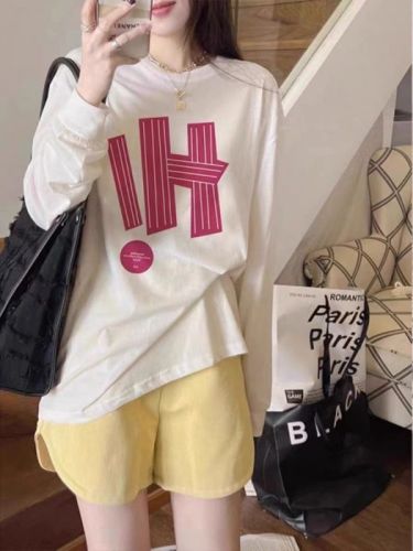 Pure cotton personalized printed long-sleeved T-shirt for women, white contrasting color, simple inner layer, high-end bottoming top