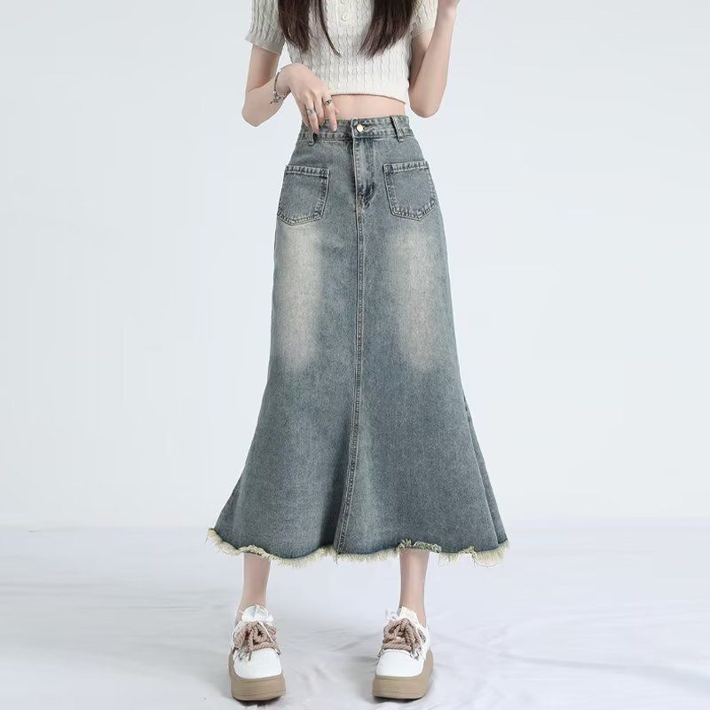 Plus size fat girl hot girl denim skirt Korean style raw edge high waist slimming mid-length style