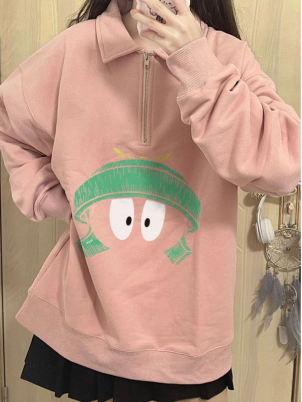 American half-zip polo collar sweatshirt for women autumn lapel design top
