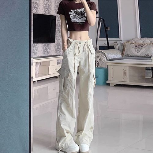 American style work pants for women, new thin sports casual pants, high waist wide leg drawstring trousers for small people