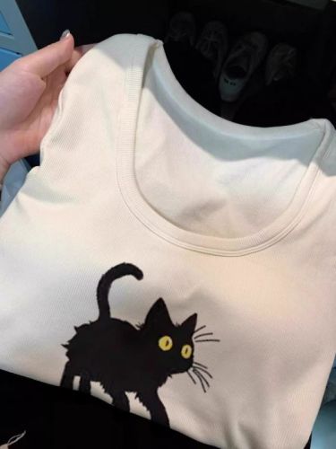 Brushed German velvet kitten printed long-sleeved T-shirt for women in autumn and winter, slim and slim, thickened and warm, base layer top