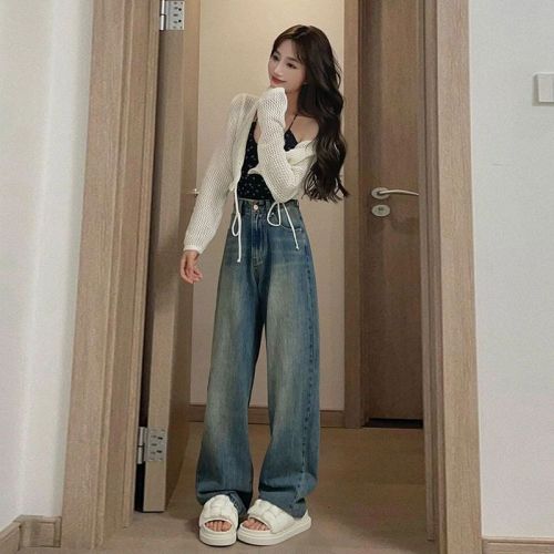 American High Street Straight Jeans Women's New Washed Retro Loose High Waisted Wide Leg Pants