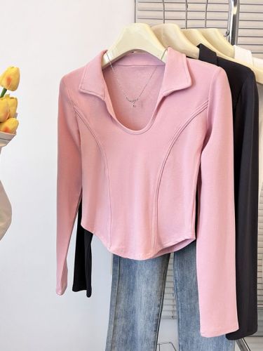 Polo collar long-sleeved bottoming shirt for women in summer with U-neck tight short T-shirt high-waist hot girl right shoulder fishbone top